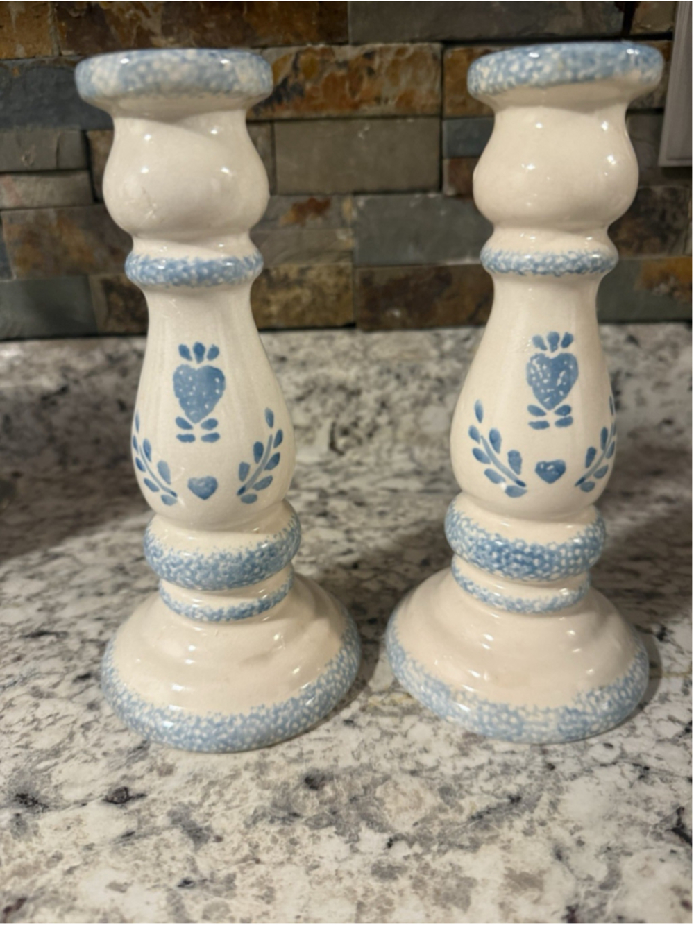 Corelle Set Of 2 Tapered Deco Blue Heart Sponge Candle Stick Holders 8" U.S.A.
